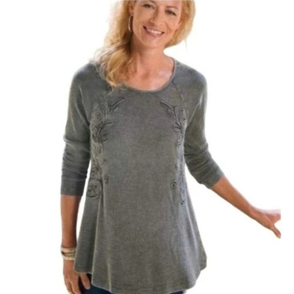 Soft Surroundings Camden Waffle Knit Tunic Top Sz S Gray 3/4 Sleeve Embroidered